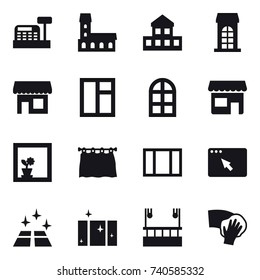 16 vector icon set : cashbox, mansion, cottage, building, shop, window, arch window, flower in window, curtain, clean floor, clean  window, skyscapers cleaning, wiping