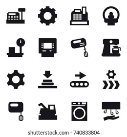 16 vector icon set : cashbox, gear, atm, mixer, coffee maker, harvester, washing machine, hand dryer