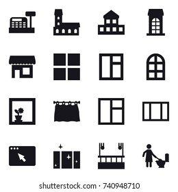 16 vector icon set : cashbox, mansion, cottage, building, shop, window, arch window, flower in window, curtain, clean  window, skyscapers cleaning, toilet cleaning