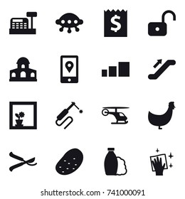 16 vector icon set : cashbox, ufo, receipt, unlock, mansion, escalator, flower in window, chicken, pruner, potato, shampoo, wiping