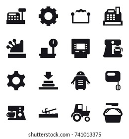 16 vector icon set : cashbox, gear, electrostatic, atm, coffee maker, soil cutter, tractor, washing powder
