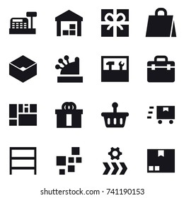16 vector icon set : cashbox, warehouse, gift, shopping bag, box, tools, rack, package