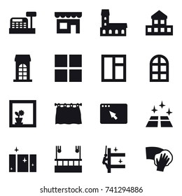 16 vector icon set : cashbox, shop, mansion, cottage, building, window, arch window, flower in window, curtain, clean floor, clean  window, skyscapers cleaning, skyscrapers cleaning, wiping
