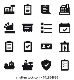 16 vector icon set : cashbox, clipboard, shopping list, atm receipt, list, check in, detector, baggage checking, reception, clipboard list