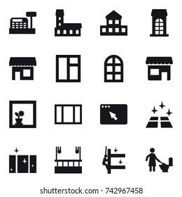 16 vector icon set : cashbox, mansion, cottage, building, shop, window, arch window, flower in window, clean floor, clean  window, skyscapers cleaning, skyscrapers cleaning, toilet cleaning