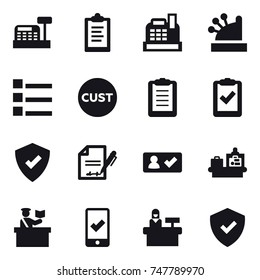 16 vector icon set : cashbox, clipboard, list, check in, baggage checking, inspector, mobile checking, reception