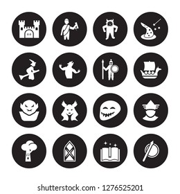 16 vector icon set : Castle, Spellbook, Stained glass, Talking tree, Thor, Spear, Witch, Vampire, Warrior isolated on black background