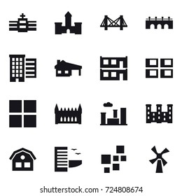 16 vector icon set : castle, bridge, houses, house with garage, modular house, panel house, window, gothic architecture, city, palace, house, hotel, windmill