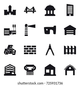 16 vector icon set : castle, bridge, goverment house, skyscraper, mall, lighthouse, slum, garage, modern architecture, brick wall, drawing compass, fence, antique column, home, barn
