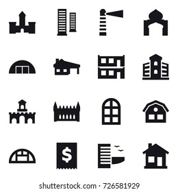 16 vector icon set : castle, skyscrapers, lighthouse, minaret, hangare, house with garage, modular house, building, fort, gothic architecture, arch window, house, greenhouse, hotel, home