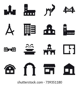 16 vector icon set : castle, mansion, greate wall, bridge, draw compass, houses, church, school, fountain, fort, plan, house, arch, shop, home
