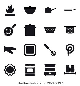 16 vector icon set : cauldron, saute pan, kolander, colander, cook glove, cutting board, whisk