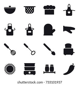 16 vector icon set : cauldron, colander, chef  hat, apron, cook glove, whisk, big spoon, hot pepper