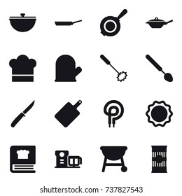 16 vector icon set : cauldron, pan, cook hat, cook glove, whisk, big spoon, knife, cutting board