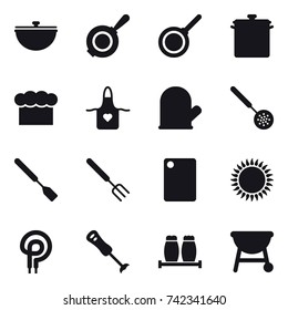 16 vector icon set : cauldron, pan, chef  hat, apron, cook glove, skimmer, spatula, big fork, cutting board