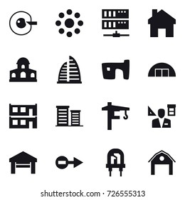 16 vector icon set : cell corection, round around, server, home, mansion, skyscraper, slum, hangare, modular house, district, tower crane, architector, garage, barn