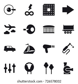 16 vector icon set : cell corection, infinity power, cpu, right arrow, journey, airport building, sail boat, hair dryer, sheep, trees, water pump