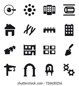 16 vector icon set : cell corection, round around, server, nanotube, home, bridge, building, houses, modular house, panel house, construction, tower crane, arch