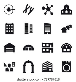 16 vector icon set : cell corection, mansion, building, skyscrapers, skyscraper, houses, garage, hangare, modular house, house, architector, arch, washing machine