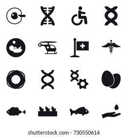 16 vector icon set : cell corection, dna, lifebuoy, seedling, fish, hand and drop