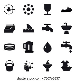 16 vector icon set : cell corection, round around, jet ski, cruise ship, shark flipper, water tap, inflatable pool, kettle, drop, bucket, wiping, water tap sink, handle washing
