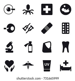 16 vector icon set : cell corection, virus, uv cream, hospital