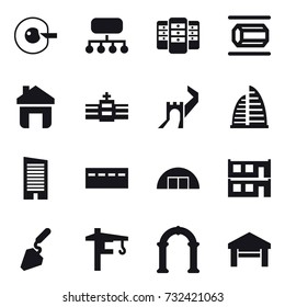 16 vector icon set : cell corection, structure, server, nanotube, home, greate wall, skyscraper, bunker, hangare, modular house, construction, tower crane, arch, garage