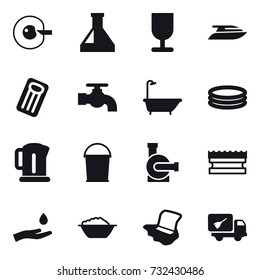 16 vector icon set : cell corection, yacht, inflatable mattress, water tap, bath, inflatable pool, kettle, bucket, water pump, sponge, hand and drop, foam basin, floor washing, home call cleaning