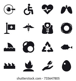 16 vector icon set : cell corection, life vest, lifebuoy, shark flipper, seedling, sprouting, hand leaf, egg