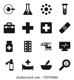 16 vector icon set : cell corection, flask, round around, vial, hospital, mortar, viruses