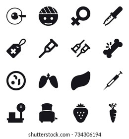 16 vector icon set : cell corection, toaster, strawberry, carrot
