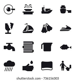 16 vector icon set : cell corection, fountain, sail boat, flippers, jet ski, water tap, towels, measuring cup, rain cloud, hand drop, sponge, toilet cleaning