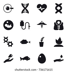 16 vector icon set : cell corection, dna, life vest, seedling, sprouting, hand leaf, fish, egg, hand and drop