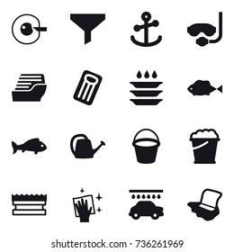 16 vector icon set : cell corection, funnel, diving mask, cruise ship, inflatable mattress, plate washing, fish, watering can, bucket, foam bucket, sponge, wiping, car wash, floor washing