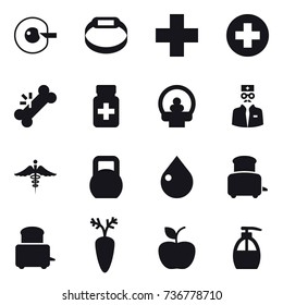 16 vector icon set : cell corection, smart bracelet, drop, toaster, apple, liquid soap