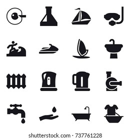 16 vector icon set : cell correction, sail boat, diving mask, surfer, jet ski, windsurfing, radiator, kettle, water pump, water tap, hand and drop, bath, handle washing