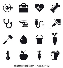 16 vector icon set : cell corection, drop, bucket, thermometer, apple, carrot, gloves