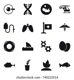 16 vector icon set : cell corection, dna, lifebuoy, shark flipper, seedling, sprouting, fish