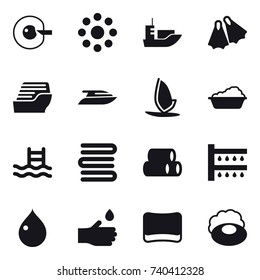 16 vector icon set : cell corection, round around, flippers, cruise ship, yacht, windsurfing, washing, pool, towels, watering, drop, hand drop, sponge, soap