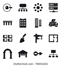 16 vector icon set : cell corection, structure, round around, server, bridge, building, skyscrapers, modern architecture, panel house, construction, tower crane, plan, arch, garage, hierarchy