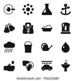 16 vector icon set : cell corection, round around, flippers, life vest, washing, kettle, rain cloud, bucket, watering can, drop, hand drop, wiping, car wash, water tap sink