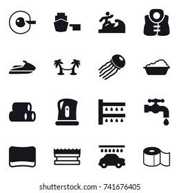 16 vector icon set : cell corection, surfer, life vest, jet ski, palm hammock, jellyfish, washing, kettle, watering, water tap, sponge, car wash, toilet paper
