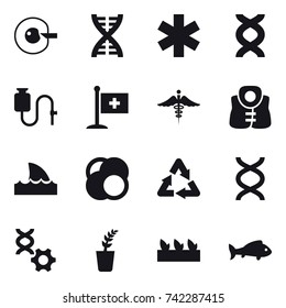 16 vector icon set : cell correction, dna, life vest, shark flipper, seedling, fish