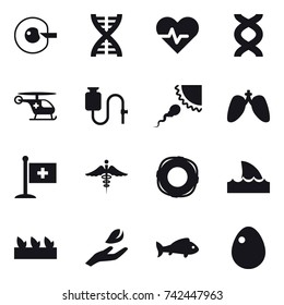 16 vector icon set : cell corection, dna, lifebuoy, shark flipper, seedling, hand leaf, fish, egg