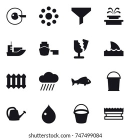 16 vector icon set : cell corection, round around, funnel, fountain, shark flipper, radiator, rain cloud, fish, bucket, watering can, drop, sponge