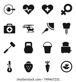 16 vector icon set : cell corection, bucket, thermometer, strawberry, carrot, ecology