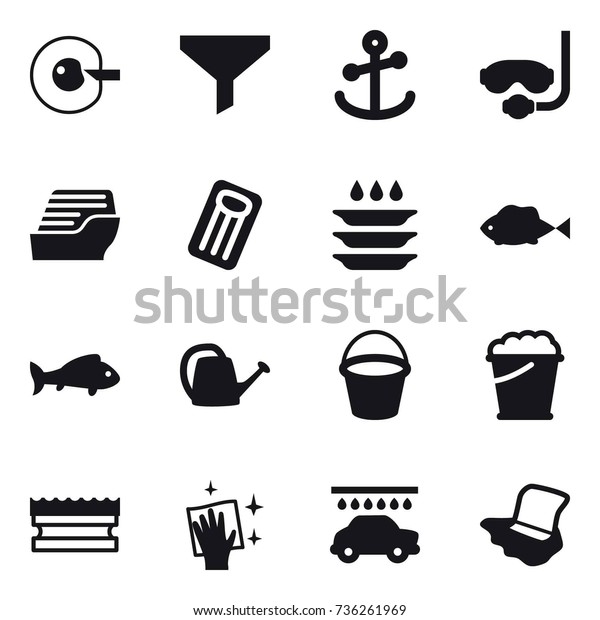 16
vector icon set : cell corection, funnel, diving mask, cruise ship,
inflatable mattress, plate washing, fish, watering can, bucket,
foam bucket, sponge, wiping, car wash, floor
washing