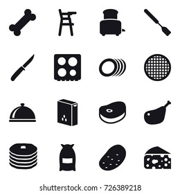 16 vector icon set : Chair for babies, toaster, spatula, knife, flour, potato, cheese