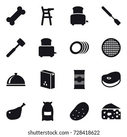 16 vector icon set : Chair for babies, toaster, spatula, meat hammer, flour, potato, cheese