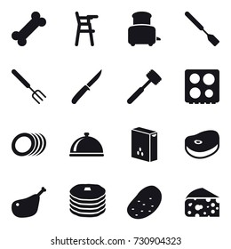 16 vector icon set : Chair for babies, toaster, spatula, big fork, knife, meat hammer, potato, cheese